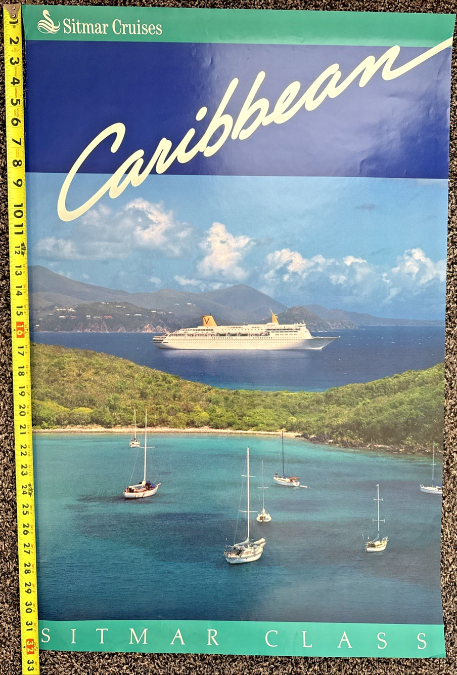Vintage Sitmar Cruise Caribbean Ocean Beach Poster 32" x 21" Excellent Condition